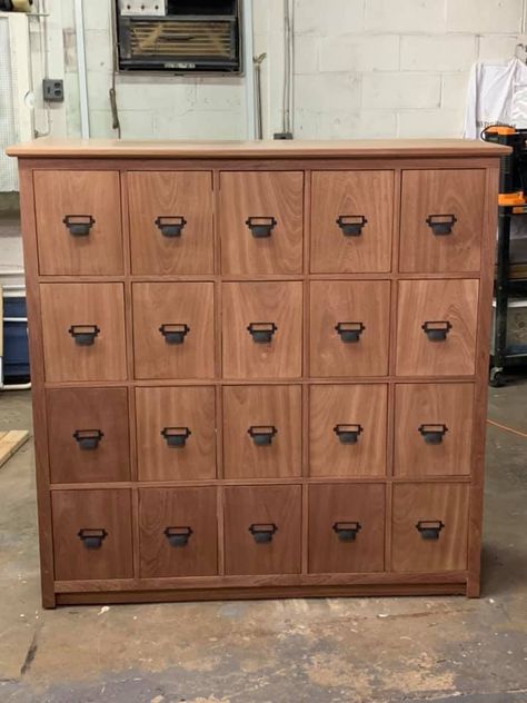 A comic book storage cabinet with 20 soft close full extension drawers. Made of solid Mahogany, Maple plywood and Mahogany plywood.  Drawers are 8in wide and 17in deep each. Comic Book Organization, Comic Book Box Storage, Comic Storage, Comic Book Display, Comic Room, Comic Book Storage, Scratched Wood, Storage Cabinet With Drawers, Comic Book Collection