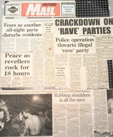 Newspaper reporting on early illegal raves! Dancing Plague, Acid House Rave, Diana Son, Inner Monster, Newspaper Fashion, Rave Scene, Moral Panic, Kid Detectives, 90s Rave