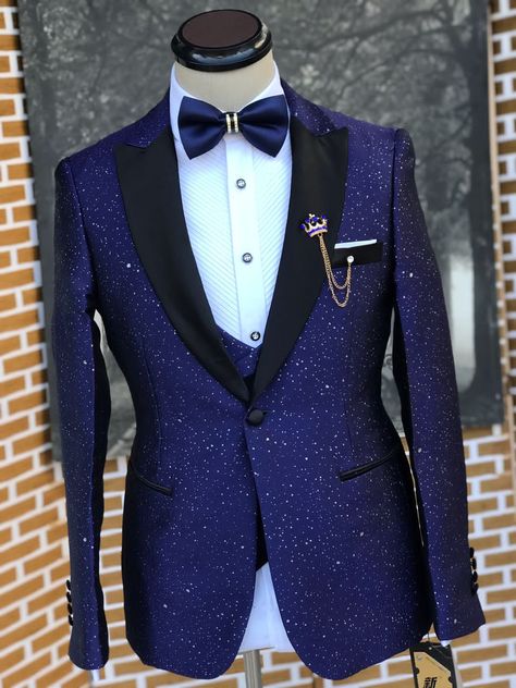 Galaxy Tuxedo Wedding, Celestial Wedding Tuxedo, Starry Night Prom Outfit For Men, Blue And Gold Suit, Euphoria Prom, Best Wedding Suits For Men, Prom Men, Best Wedding Suits, Prom Suits For Men