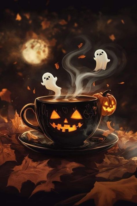 Spooky Coffee Wallpaper, Halloween Coffee Wallpaper, Halloween Legends, Halloween Imagem, Spooky Halloween Pictures, Spooky Coffee, Happy Halloween Pictures, Halloween Wallpaper Backgrounds, Halloween Wallpaper Cute