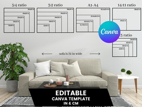 Horizontal Wall Art Size Guide, Size Comparison,Poster Frame Size Guide, poster size guide, Comparison Chart editable in canva https://etsy.me/3MuvBZz Poster Wall Layout, Poster Size Guide, Wall Art Size Guide, Art Size Guide, Print Size Guide, Canva Etsy, Wall Layout, Art Horizontal, Gallery Wall Layout