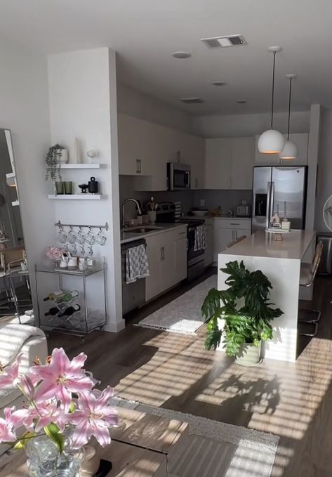 Dream Apartment Aesthetic Korean, Kitchen Living Room Open Concept, Rich New York Apartment Aesthetic, Condo Aesthetic Night Living Room, Aesthetic Kitchen Apartment Nyc, Manifesting Dream Apartment, Living Room And Bedroom Combo, Apartment Decorating Living, Girly Apartment Decor