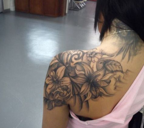 Shoulder Tip Tattoo, Off The Shoulder Tattoos For Women, Shoulder To Back Tattoo For Women, Shoulder Tattoo Cover Up, Upper Back Shoulder Tattoo, Shoulder Tattoo Cover Up For Women, Flowers Tattoo Shoulder, Upper Back Tattoo Women Shoulder, Black Shoulder Tattoo