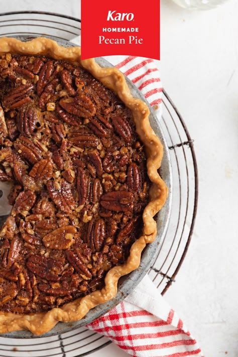 Yummy, gooey filling and toasty, crunchy pecans make this easy Pecan Pie a tradition worthy of your Thanksgiving table or any time a craving strikes. Karo Corn Syrup gives it delicate sweetness and a smooth texture. Double the recipe to make two pies with just one bottle. #thanksgivingdesserts #pecanpie #pie #desserts #easy Homemade Pecan Pie, Southern Pecan Pie, Best Pecan Pie, Chess Pie, Pie Slice, Pecan Pie Recipe, Homemade Pie Crusts, Pie Pan, Homemade Pie