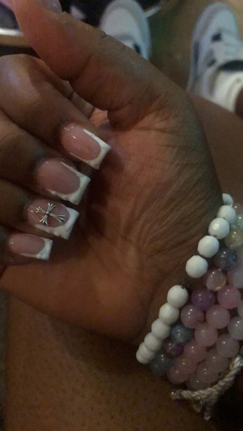 French Tip Acrylic Nails With Cross, Short Nail Designs With Cross, French Tip Nails With Cross Charm, Short Acrylic Nails With Cross, Short French Tip Acrylic Nails With Charms, Cross Charm Nails Acrylic, Short Nails With Cross Charm, Short Nails With Cross, French Tip With Cross Charm