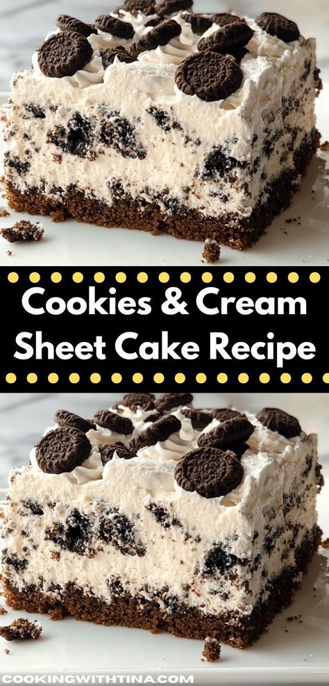 Looking for a delightful dessert that pleases everyone? This Cookies & Cream Sheet Cake Recipe is a crowd-pleaser, featuring rich chocolate and creamy layers. It's perfect for family gatherings or celebrations. Oreo Sheet Cake Recipe, Homemade Birthday Cake For Boyfriend, 9x13 Cake Recipes, Oreo Cake Recipe, Buttermilk Cookies, Chocolate Sheet Cake Recipe, Cream Desserts Recipes, Birthday Cake For Boyfriend, Slab Cake