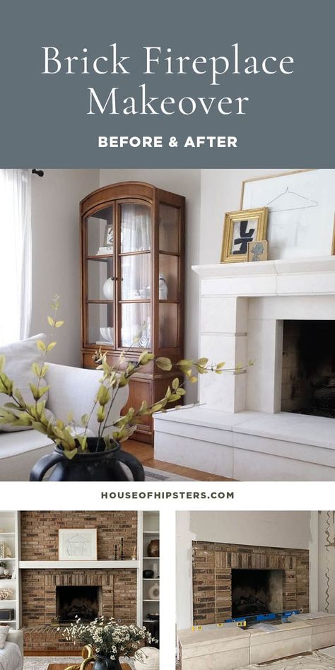 Renovating an 80s brick fireplace with a modern fresh look. 60s Fireplace Makeover, Brick Fireplace Renovation, Fireplace Renovation, Cozy Neutral Living Room, Bookshelf Makeover, Hipster Home Decor, Fireplace Bookshelves, Brick Fireplace Makeover, Mantel Design