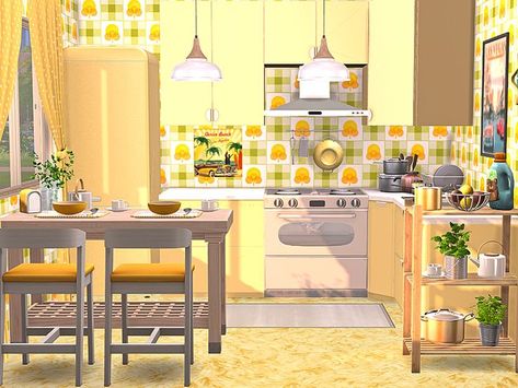 here is a bright yellow retro kitchen for your Sims
the room has a size of 4 x 4

short walls are used Kitchen The Sims 4, Mint Living Rooms, Sunny Kitchen, Sims 4 Kitchen, Yellow Room, Yellow Living Room, Retro Diner, Bright Living Room, Yellow Decor