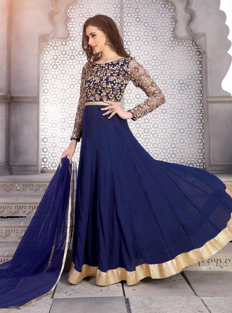 Navy Blue Georgette Long Anarkali Suit 93562 Anarkali Suits Simple, Traditional Pants, Red Anarkali Suits, Punjabi Suits Party Wear, Patiyala Dress, Latest Salwar Suits, Floor Length Anarkali, Salwar Suits Party Wear, Designer Anarkali Suits