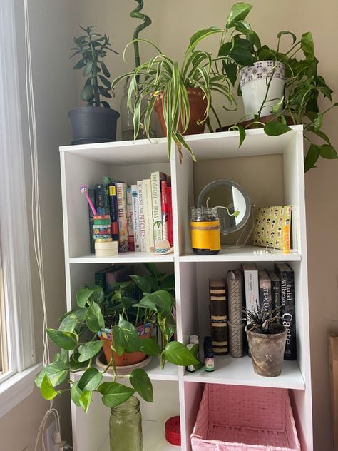 Minimalist Bookshelf Bedroom, Square Bookshelf Styling, Aesthetic Cube Shelves, Cube Shelf Decor Bedroom Aesthetic, Cube Shelves Decor, Square Shelf Decor, Cube Storage Ideas Bedroom, Cube Organizer Decor, Cube Shelf Ideas