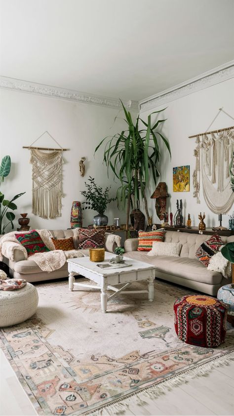 Bohemian-style living room with eclectic decor, colorful pillows, indoor plants, and macrame wall hangings. Boho Eclectic Living Room, Boho Glam Living Room, Eclectic Boho Living Room, Small Space Living Room Ideas, Space Living Room Ideas, Bohemian Chic Living Room, Glam Livingroom, Eclectic Inspiration, Boho Living Rooms