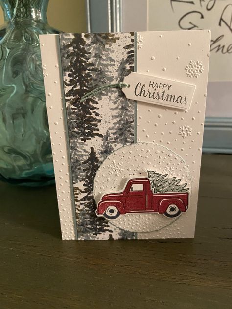 Trucking Along Christmas Cards, Truck Cards Handmade, Red Truck Christmas Cards, Truck Cards, Homemade Holiday Cards, Designer Paper Cards, Stamped Christmas Cards, Christmas Red Truck, Simple Christmas Cards