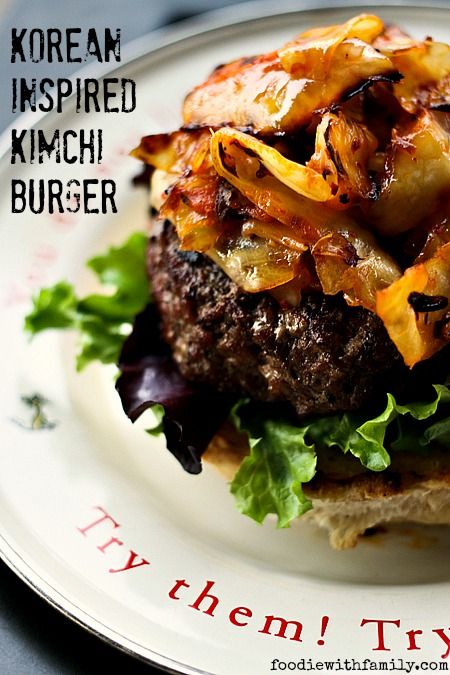 Korean Inspired Kimchi Burger from foodiewithfamily.com Kimchi Burger, Recipe Korean, Korean Kimchi, Asian Spices, The Best Burgers, Best Burgers, Spicy Mayo, Gourmet Burgers, Korean Dishes