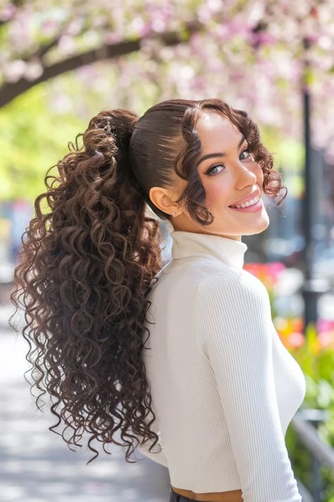 Elevate your style with this stunning ponytail that showcases beautiful curly hairstylesThis easy-to-create look is perfect for medium to long hairadding a baddie vibe while keeping it cute and flirty for any occasionWhether you're headed to school or enjoying a summer outingthis chic ponytail will make heads turncurlyhairstyles Curly Formal Ponytail, Ponytail Hairstyles Wavy Hair, Curly High Ponytail Natural Hair, Long Curly High Ponytail, Cute Curly Ponytail Hairstyles, Curly Hair High Ponytail, Curly High Ponytail, Curly Ponytail Weave, Curly Ponytail Hairstyles