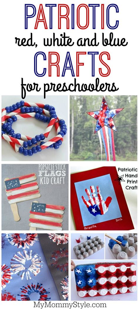 Patriotic red white and blue crafts perfect for preschool or early elementary aged children to make for 4th of July, Memorial Day, Flag day or for your summer BBQ Red White And Blue Crafts, Summer Preschool, Blue Crafts, Flag Day, Patriotic Crafts, Handprint Crafts, Patriotic Holidays, July Crafts, Summer Bbq