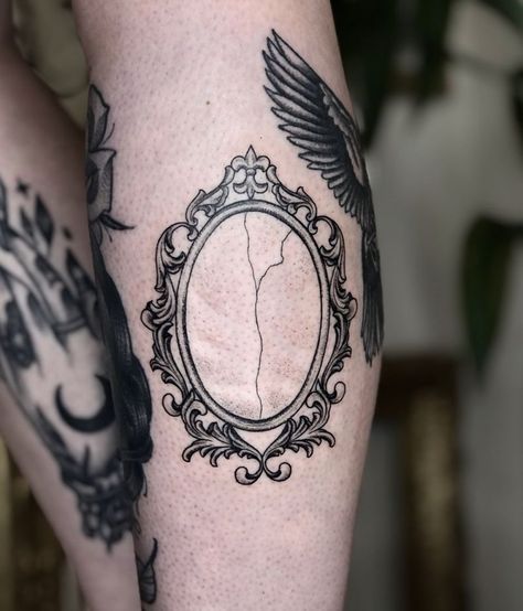 Old Picture Frame Tattoo, Scrying Mirror Tattoo, Objects In The Mirror Tattoo, Gothic Hourglass Tattoo, Victorian Era Tattoo, American Traditional Mirror Tattoo, Victorian Aesthetic Tattoo, Ghost In Mirror Tattoo, Victorian Style Tattoo Sleeve