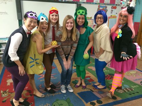 group halloween costume!! inside out. bing bong. sadness. riley. fear. disgust. joy. anger. Easy Inside Out Costumes, Inside Out Teacher Costume, Riley Inside Out Costume, Inside Out Fear Costume, Inside Out Costumes Group, Inside Out Characters Costumes, Teacher Group Costumes, Bing Bong Costume, Anger Inside Out Costume