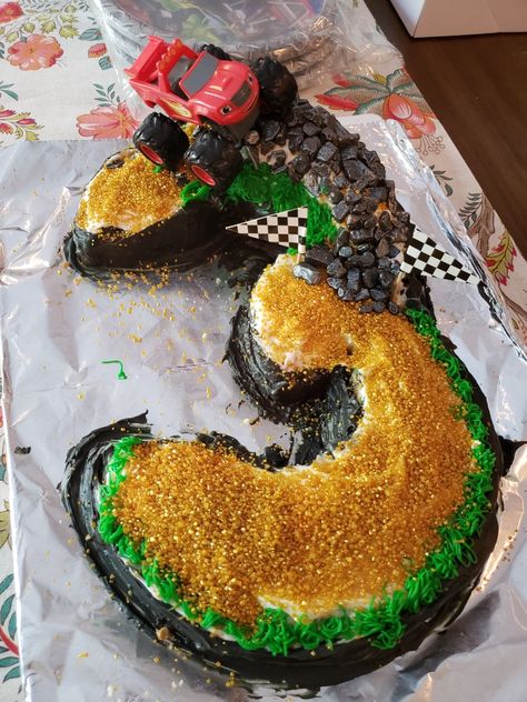 Number 3 monster truck Birthday cake Number 3 Cakes, Monster Truck Birthday Cake, Truck Birthday Cake, Truck Birthday Cakes, Monster Cupcakes, Cars Theme Birthday Party, Truck Birthday, Monster Truck Birthday, Car Themes