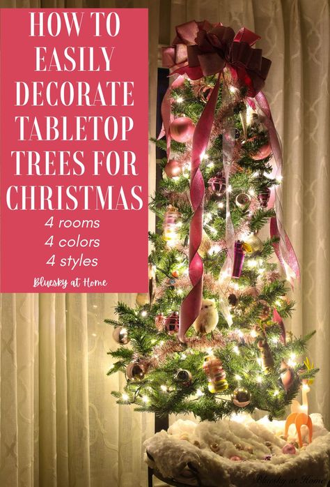 Four Ways to Easily Decorate Tabletop Christmas Trees. Spread Christmas cheer around your home with tabletop trees. Get inspired for using tabletop trees in your Christmas decorating. Use these tips and suggestions to see how easy it is to incorporate smaller trees into your Christmas home decor Table Top Tree Decor, Table Tree Christmas, Decorating Table Top Christmas Trees, Christmas Trees On Tables, Table Top Christmas Tree Ideas, Tabletop Christmas Tree Ideas, Evergreen Bouquet, Tabletop Christmas Trees, Table Top Tree