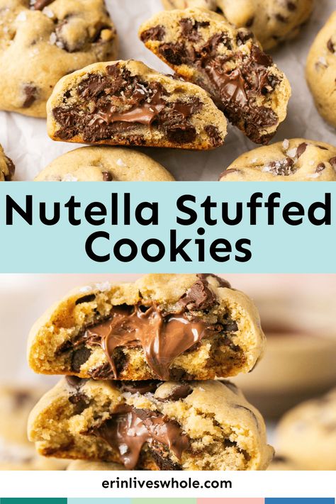 Nutella Stuffed Cookies - Erin Lives Whole Fudge Stuffed Cookies, Buttercream Stuffed Cookies, Stuffed Cookies Videos, Jumbo Gourmet Cookies, Nutella Stuffed Cookie Pie, Big Stuffed Cookies, Jumbo Stuffed Cookies, Stuffed Gourmet Cookies, Cookie Recipes Nutella