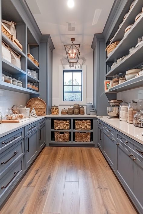 Should You Include a Pantry Window In Your Home? Butlers Kitchen Pantry, Pantry With Lower Cabinets, Simple Butlers Pantry, Butlers Pantry With Window, Walk In Pantry With Window, Large Pantry Ideas, Walk In Butlers Pantry, Blue Pantry Cabinets, Pantry Ideas Walk In