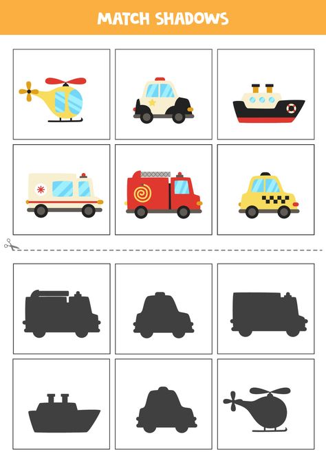 Transportation Preschool Activities, Educational Math Games, Shadow Matching, Transportation Preschool, Montessori Toddler Activities, Transportation Theme, Baby Learning Activities, Cards For Kids, Matching Activity