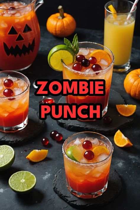 A photo of a  Zombie Punch which is a type of halloween cocktails Halloween Sorbet Punch, Alcholic Halloween Drinks Easy, Zombie Cocktail Recipe, Halloween Party Drinks Alcohol Punch, Halloween Boozy Drinks, Halloween Drinks Alcohol Recipes, Halloween Theme Cocktails, Alcholic Halloween Drinks, Punch Alcohol Recipes Party