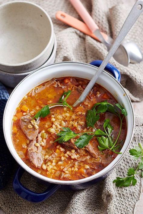 Lamb shank and barley soup Recipe | Better Homes and Gardens Lamb And Barley Soup, Lamb Barley Soup, Lamb Soup, Lamb Soup Recipes, Lamb Shank Soup, Lamb Shank Recipe, Winter Soup Recipe, Slow Cooked Meals, Hearty Comfort Food