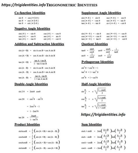 Trig Identities - All List of Trigonometric Identities - Learn Trigonometry | Math formulas, Trigonometry, Math methods Trig Identities, Trigonometric Identities, Math Formula Chart, Trigonometric Functions, Basic Math Skills, Math Formulas, Studying Math, Math Notebooks, Trigonometry