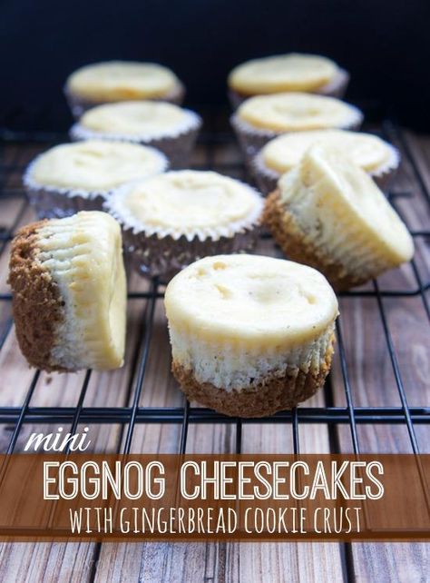 Mini Eggnog Cheesecakes with Gingerbread Cookie Crust... my sister would love this <3 Mini Eggnog Cheesecake, Christmas Cheesecake Recipes, Gingerbread Cheesecake, Eggnog Cheesecake, Christmas Cheesecake, Eggnog Recipe, Egg Nog, Cheesecake Bites, Gingerbread Cookie