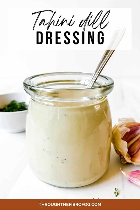 Creamy Tahini Dill Dressing Tahini Salad, Tahini Salad Dressing, Low Histamine Foods, Healthy Dressing, Dill Dressing, Vegan Salad Dressing, Spring Veggies, Fibro Fog, Creamy Salad Dressing