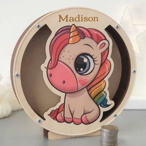 Homemade Piggy Banks, Unicorn Piggy Bank, Dinosaur Room Decor, Godchild Gift, Personalised Wooden Box, Wooden Piggy Bank, Dinosaur Room, Personalized Piggy Bank, Unicorn Party Favors