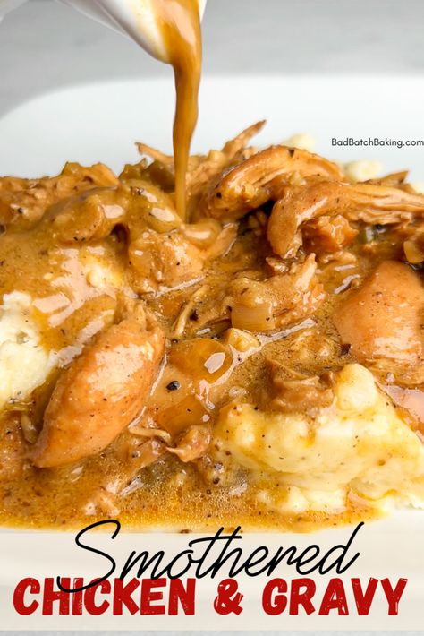 smothered chicken and gravy Smothered Chicken And Gravy, Garlic Parmesan Chicken Skewers, Parmesan Chicken Skewers, Southern Shrimp And Grits, Buttery Rice, Smothered Chicken Recipes, Restaurant Copycat Recipes, Chicken And Gravy, Batch Baking