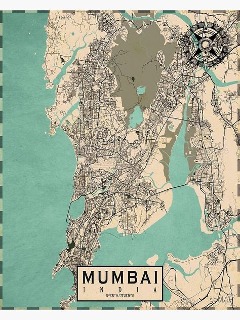 "Mumbai City Map of India - Vintage" Poster by deMAP | Redbubble Mumbai City Map, Mumbai Map, City Maps Illustration, Hong Kong Map, Maps Aesthetic, India Poster, Wall Art Tutorial, China Map, Mumbai City