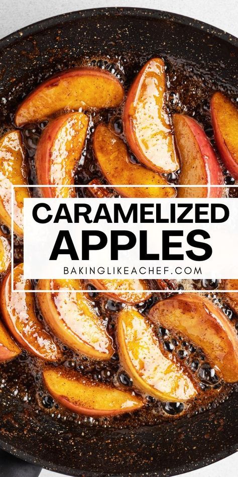 Caramelized apples in a frying pan. How To Caramelize Apples, Sauted Apples, Carmel Apple Recipe, Sauteed Apples, Quick Apple Dessert, Caramel Apple Desserts, Caramelized Fruit, Apple Cinnamon Recipes, Caramelized Apples