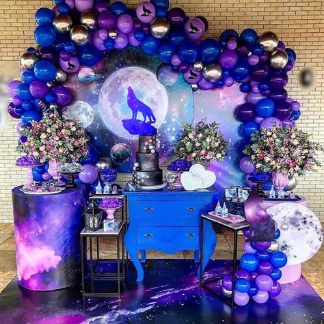 Wolf Birthday Party, Wolf Party, Wolf Birthday, Decoration Balloon, Birthday Party Design, Moon Party, Space Birthday Party, Purple Birthday, Birthday Party For Teens