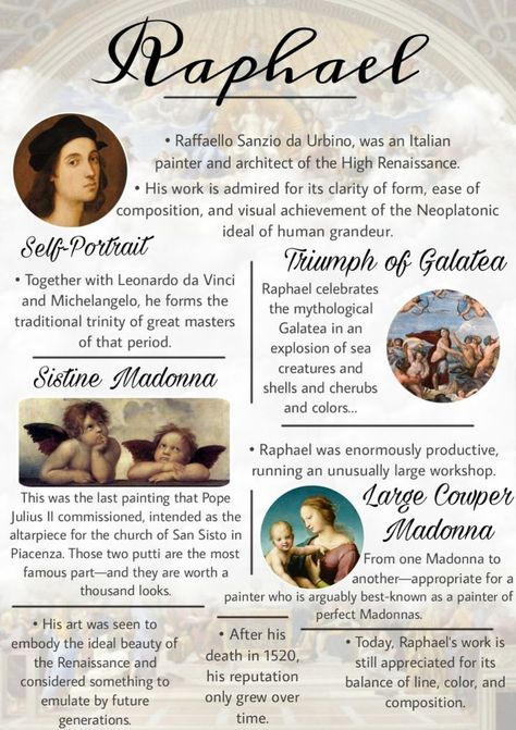 A poster about Raffaello Sanzio made by our student! #raffaello #raphael #raffaellosanzio #raffaellosanzioposter #raffaelloposter #poster #art #artist #paint #painter #architect #raffaellopaintings #raffaelloarchitecture Raphael Artist, Raphael Madonna, Raphael Paintings, Art History Timeline, Sistine Madonna, Learn History, History Of Art, History Literature, Art Basics