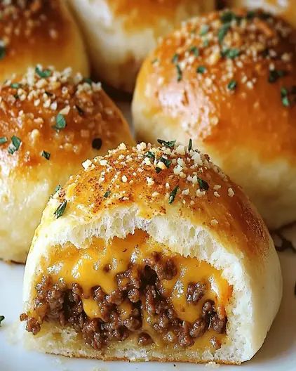 Garlic Parmesan Cheeseburger Bombs - Easy Snack Recipe Cheesy Snack Recipes, Cheesy Snack, Chicken Pasta Bake, Bombe Recipe, Burger Toppings, Shredded Cheddar Cheese, Burger Sauce, Parmesan Crusted, Gooey Cheese