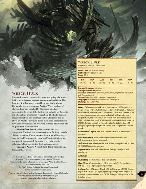 Wreck Hulk - A Gargantuan Undead Construct of Flesh and Wood: UnearthedArcana Ghosts Of Saltmarsh, Dnd Stats, Dnd Stories, Dungeon Master's Guide, Dungeons And Dragons 5e, Dnd 5e Homebrew, Dnd Dragons, D D Monsters, Rpg Map