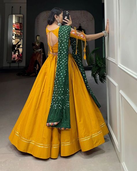 Rate : 1600 #apex__outfit Give yourself quintessential look in navratri by wearing this classic lehenga choli crafted from the finest cotton, adorned with gamthi work blouse ✨ Lehenga(Stitched) : Lehenga Fabric : Pure Cotton Lehenga Work : Plain With Gotta Patti Touch Up Lehenga Waist : Support Up To 42 Lehenga Closer : Drawstring With Heavy Tassels Stitching : Stitched With Canvas And Full Inner Length : 42 Flair : 4 Meter Inner : Micro Cotton Blouse(Stitched) : Blouse Fabric : Pure Cot... Plane Lehenga, Gotta Patti Lehenga, Classic Lehenga, Gamthi Work, Navratri Lehenga, Online Shopping Sarees, Haldi Outfit, Navratri Dress, Cotton Lehenga