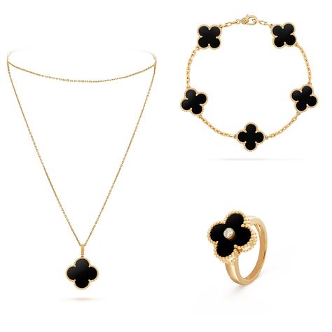 Van Cleef & Arpels Alhambra collection in Onyx #Onyx #vca #vcaalhambra #vcamop #vcajewelry #vancleef #vancleefarpels #magicalhambra #vcamagic Van Cliff Jewelry, Shuffles Ideas, Girly Bracelets, Customized Necklace, Jewerly Set, Van Cleef And Arpels Jewelry, Silver Jewlery, Handbag Essentials, Van Cleef And Arpels