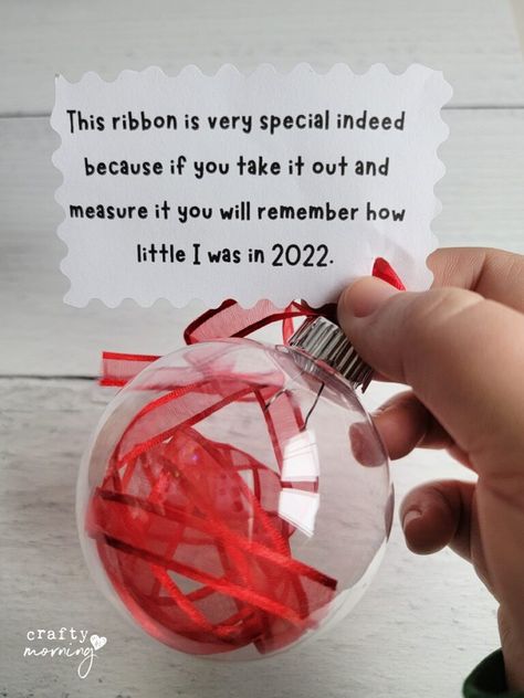 Ribbon In Ornament Poem, Ribbon Length Of Child Ornament, Ribbon Ornaments For Kids Height, Kids Christmas Crafts Ornaments, Preschool Christmas Gifts, Crafty Morning, Ornament Tags, Ribbon Ornaments, Christmas Gifts For Parents