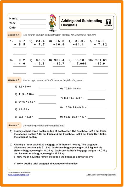 Enhance students' abilities in adding and subtracting decimals with this top-notch worksheet focusing on the core concepts. Designed to refine mathematical skills, this resource offers practice and reinforcement for mastering decimal operations. Improve comprehension and fluency through engaging exercises tailored to support growth in decimal calculations. Perfect for both classroom use and independent study, this resource is a valuable tool for building proficiency in arithmetic with decimals. Year 9 Maths Worksheets, Ks3 Maths Worksheets, Ks1 Maths Worksheets, Year 6 Maths Worksheets, Year 5 Maths Worksheets, Year 7 Maths Worksheets, Year 1 Maths Worksheets, Subtracting Decimals Worksheet, Adding And Subtracting Decimals