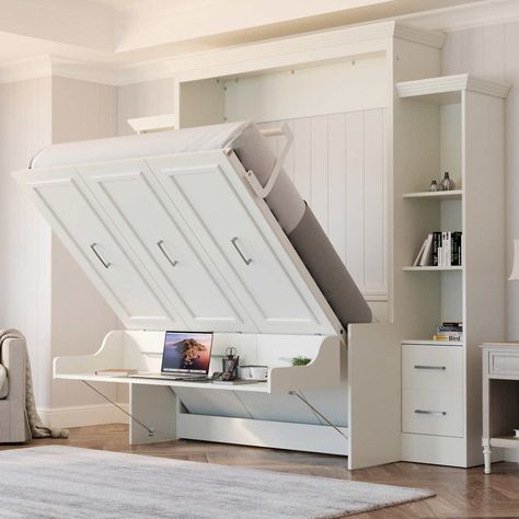 Perth Queen Deluxe Wall bed with Desk & Storage | Costco Bed With Side Storage, Desk Headboard, Murphy Bed With Desk, Queen Portrait, Horizontal Murphy Bed, Murphy Bed Desk, Queen Murphy Bed, Bed With Desk, Guest Room Office