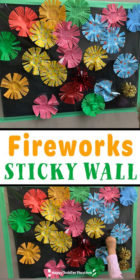 Fireworks Sticky Wall - Happy Toddler Playtime Firework Nursery Activities, Toddler Firework Activities, Fireworks Toddler Crafts, Firework Ideas Eyfs, Firework Crafts For Preschoolers, Firework Activities For Babies, Fireworks Activities For Preschool, Fireworks Crafts For Toddlers, Chinese New Year Kids Activities