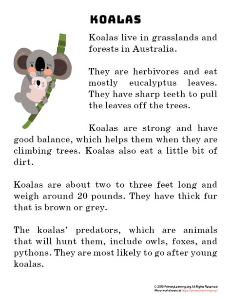 Koala Reading Passage Text Features Worksheet, Reading Comprehension For Kids, English Stories For Kids, Reading Comprehension Lessons, Learning English For Kids, Short Stories For Kids, Kids English, English Story, Natural Selection