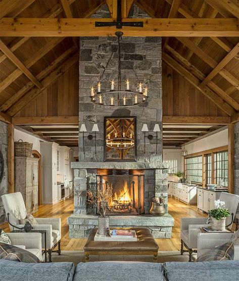 Vermont Ski House, Timber Frame Great Room, New England Home, Fireplace Logs, Double Sided Fireplace, Ski House, New England Homes, Timber Frame Homes, Home Fireplace