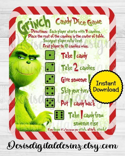 Christmas Gift Exchange Dice Game, Gift Exchange Dice Game, Candy Dice Game, Gift Exchange Dice, Christmas Gift Games, Christmas Party Activities, The Grinch Movie, Grinch Christmas Party, Christmas Movie Night