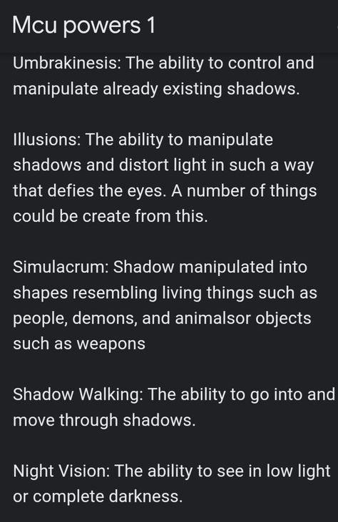 Mcu shifting abilities shadow powers Powers Fantasy Ideas, Marvel Superpowers Ideas, Shifting Script Ideas Marvel, Super Powers Ideas Writing Prompts, Marvel Power Ideas, Dr Powers Ideas, Villian Super Powers Ideas, Marvel Shifting Powers Ideas, Mcu Powers Ideas