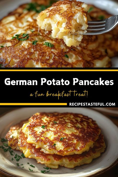 Experience the hearty flavors of Germany with these crispy-on-the-outside, tender-on-the-inside German Potato Pancakes. They make for the perfect comfort food and can be easily prepared in just 30 minutes! German Potatoes Pancakes, Hungarian Potato Pancakes, German Potato Pancakes Authentic, Potatoes Pancakes Recipe, German Breakfast Recipes, German Potato Recipes, Easy Breakfast Potatoes, Elf Printables Free, Fun Things To Cook